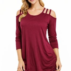 Elegant Burgundy Cold Shoulder Long Sleeve Top